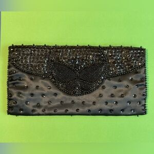 Bon Soir black beaded clutch purse, handmade in Japan with Italian beads. - EUC